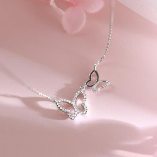 Utimtree Simple Double Hollow Butterfly Cubic Zircon Necklace Silver 925 Clavicle Chain Charm Necklace For Women