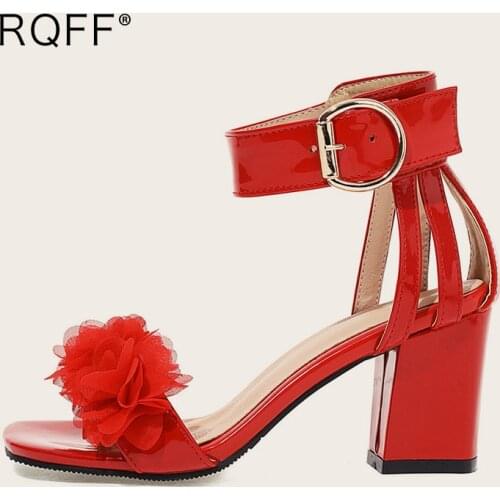 Plus Size 48 Shoes for Women 2021 Summer New Fashion High Heels Open Toe Pantent Leather Flower Buckle Strap Black Red Sandals