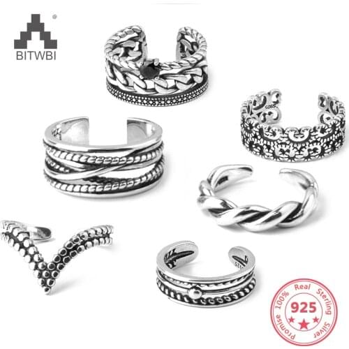 S925 sterling silver retro old Thai silver twist wide-faced black diamond chain carved open ring
