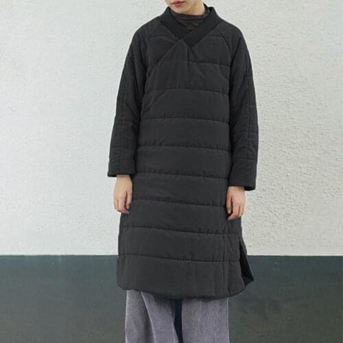 SCUWLINEN Autumn Winter Women Parka Retro Solid V-neck Cupro Long-sleeve Pullover Thick Warm All-match Cotton Quilted Dress P338