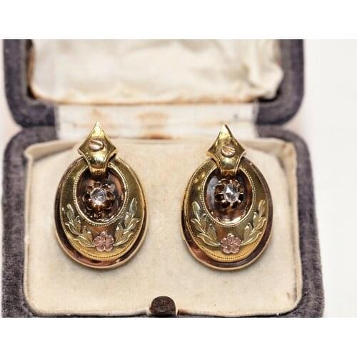 ANTIQUE ORIGINAL 18K GOLD NATURAL ROSE CUT DIAMOND DECORATED PRETTY EARRING