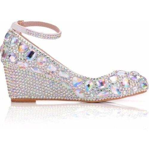 Women High Heels Shoes Plus Size Platform Wedges Female Pumps Rhinestone Round Toe Wedges 5.5CM High Heels Womens Wedding Shoes