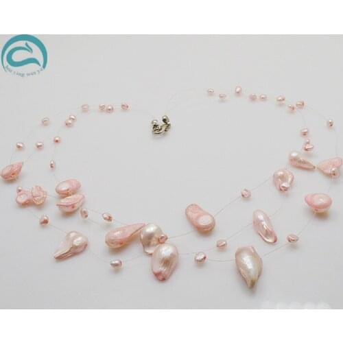 Unique Pearls jewellery Store Handmade Wedding Birthday Perfect Women Gift Pink Color Baroque 3rows Illusion Pearl Necklace