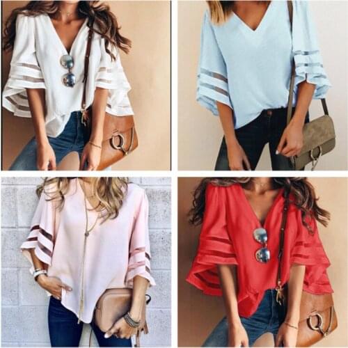 Womens fresh and sweet loose V-neck mesh stitching trumpet sleeves shirt women