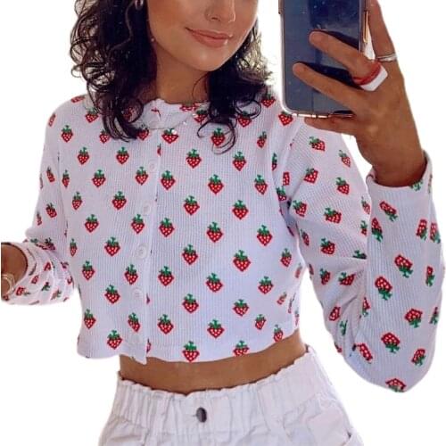 Women Autumn Polyester Crop Tops Adults Button-down Strawberry Print Long Sleeve Lapel Cardigan T-shirt