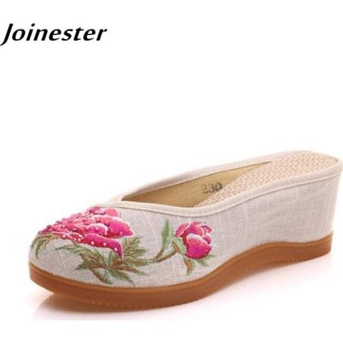 Women Canvas Embroider Wedges Slippers Ladies Vintage Summer Shoe Backless Closed toe Sandals for Girls Retro Slides Beach Shoes