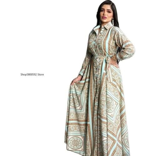 Long Sleeve Print Muslim Dress Women Ethnic Kaftan Collar Shirt Dress Abaya Dubai Caftan Marocain Evening Dresses Djellaba Femme
