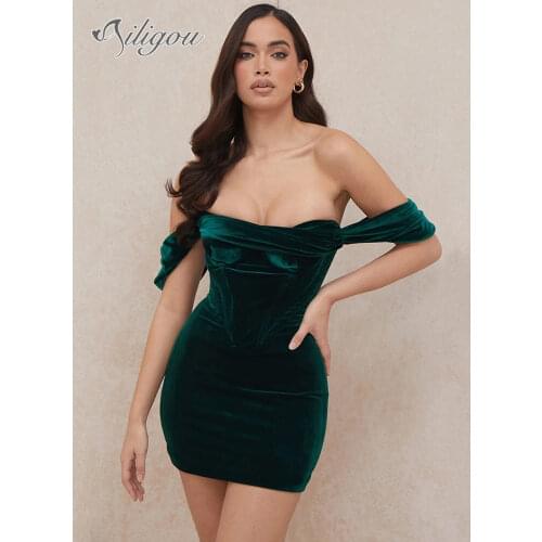 Ailigou 2021 New Green Strapless Backless Velvet Sexy Pleated Women Bodycon Dress Club Elegant Mini Party Dress Dress Vestidos