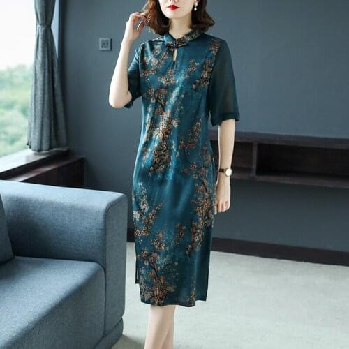 2020 Spring Summer Vintage Womens Short Sleeve Imitation Silk Printed Floral Chipao Dress , 4xl Cheongsam Dresses for Woman