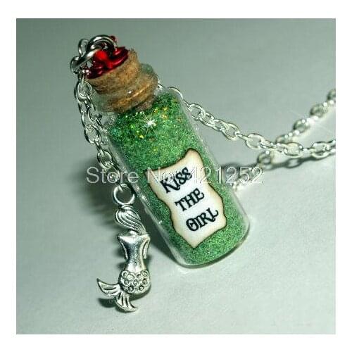 12pcs Little Mermaid, Kiss the Girl glass Bottle Necklace with a Mermaid Charm Inspired necklace