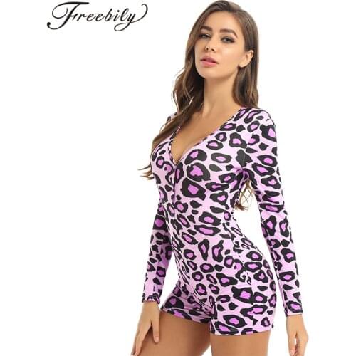 2020 Spring Sexy Women Purple Leopard Print Elegant Sleepwear Pajamas Onesies Long Sleeve Bodycon Short Jumpsuits Nightwear