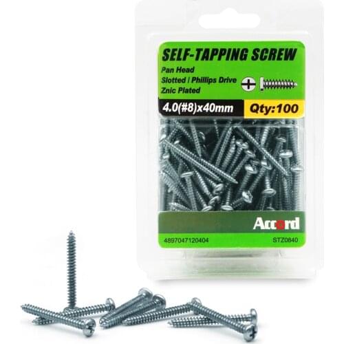 ACCORD 100PCS Self-tapping Screws 8Gx40mm Zinc Plated with storage Box Galvanized Steel Fasteners
