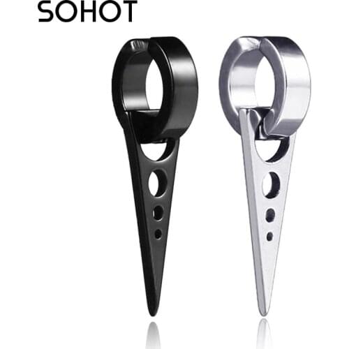SOHOT Anti-allergic Titanium Steel Black Silvercolor Triangle Earrings Clip Geometry Punk Wholesale Unisex HipHop Man Party Gift