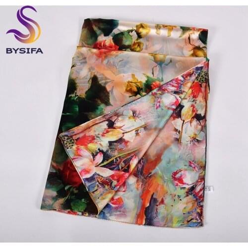 [BYSIFA] New Satin Long Scarves Shawl 2020 Fashion Bran Women Silk Scarf Red Green Female Rose Design Scarf Cape Femmes Foulard
