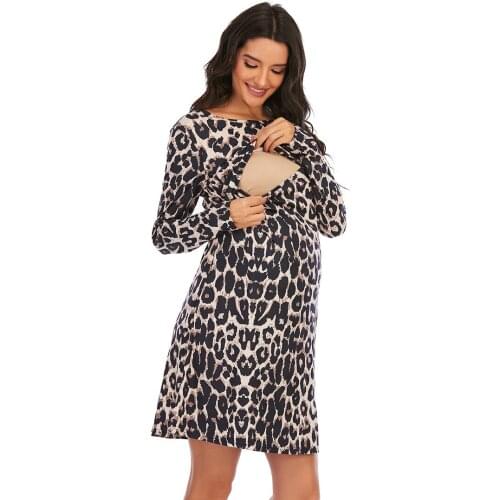 Leopard Maternity Dresses Women Pregancy Fall Winter Clothes Nursing Jersey Outfits Long Sleeve