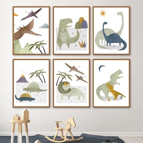 Cartoon Dinosaur Volcanic Ancient Plants Nursery Wall Art Canvas Painting Posters And Prints Wall Pictures Baby Kids Room Decor