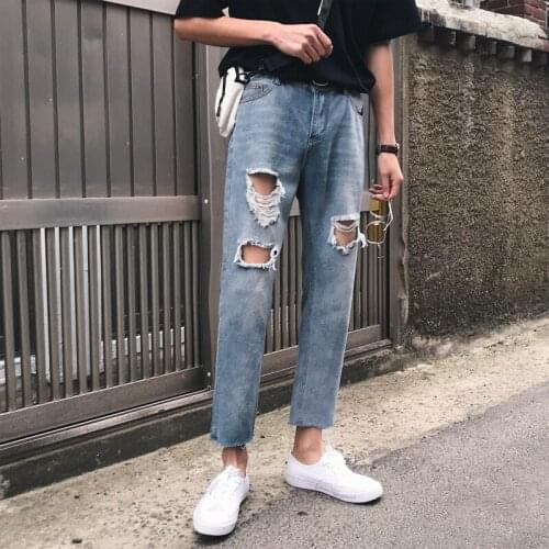 2021 Summer Mens Holes Baggy Homme Jeans Fashion Trend Leisure Casual Pants Loose Blue/black Color Trousers Big Size 27-34