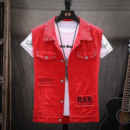 Mens Punk Denim Vest Fashion Rivets Printed Jeans Waistcoat Slim Fit Sleeveless Jackets for Male Cargo Vest
