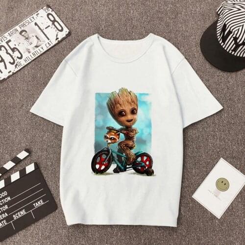 New Summer White Kawaii T-shirts for Harajuku Girls Funny Cartoon Baby Groot Bicycle Riding Print T-shirt Fashion Unisex Clothes