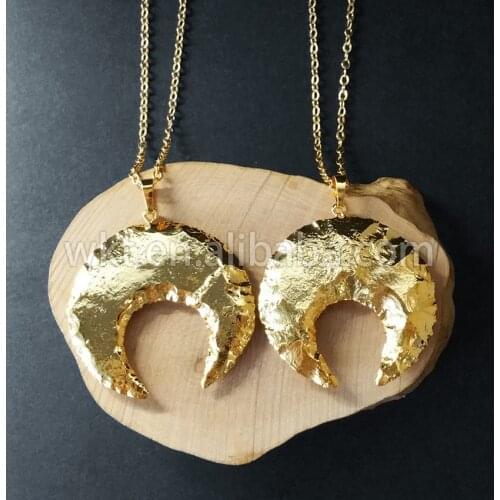 WT-N626 Latest at gate stone chain necklace full gold stone crescent horn necklace 18inch gold chain crescent necklace