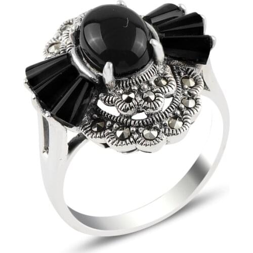 Silver 925 Sterling Onyx & Marcasite Ring