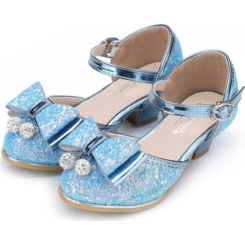 Girls Butterfly Knot High-Heel Princess Shoes Sequins Non-Slip Performance Shoes Kids Crystal Childrens Leather Shoes