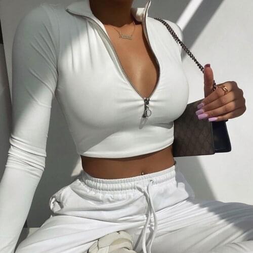 Long Sleeve Crop Top Women Zipper O-neck T- Shirts Sexy Slim Autumn Elegant Tops Female Casual Streetwear