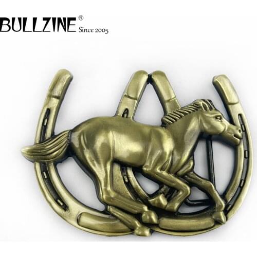 The Bullzine western horse belt buckle with antique brass finish FP-02151 suitable for 4cm width snap on belt