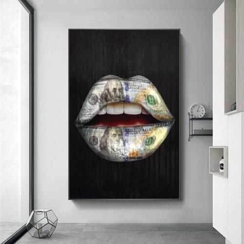 Money on Mouth Inspirational Canvas Art Posters And Prints Lips Graffiti Art Canvas Paintings On the Wall Street Art Pictures