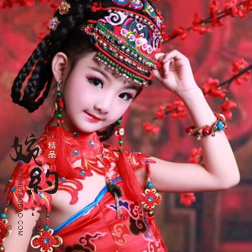 Yu Mei Ren Corn Poppy Traditional Chinese Red Wedding Costume Kids' Costume Photography Album Clothing for Little Girl