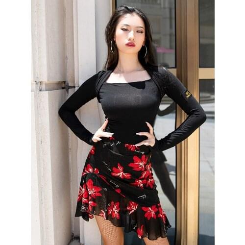 Latin Dance Practice Clothes For Women Modern Ballroom Samba Rumba Tango Dancewear Black Shirt Long Sleeves Latin Tops BL4977