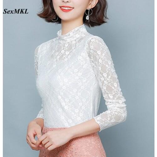 Plus Size Women Lace Tops 2020 Fashion Long Sleeve Sexy Black Blouses Korean Clothes Winter Elegant Basic Office White Blouse