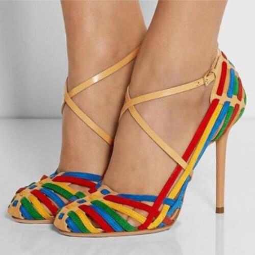 US4-12 Womens Strappy Rainbow Colors Cross-strap Stilettos High Heel Pumps Ankle Buckle Shoes Sandals Gladiator Plus Size C571
