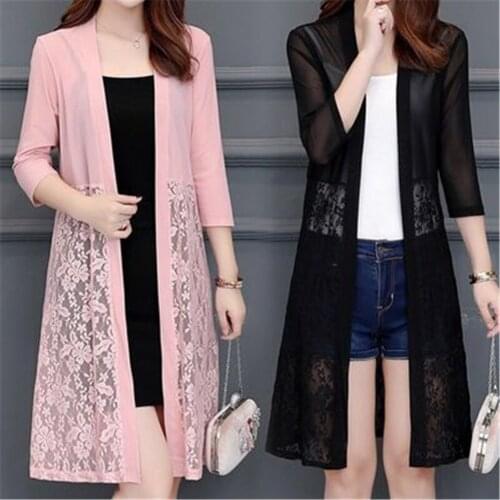 5XL Plus size Summer Lace Cardigan Women Long Net Yarn Sunscreen Jacket Casual Pink Black Red White Thin Long sleeve Women Coat