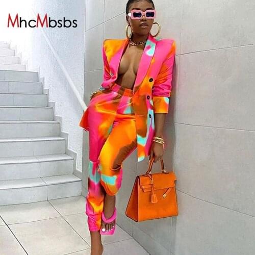 Women Tie Dyed Blazer Jacket Sexy Punk Fashion Lapel Long Sleeve Single Breasted Suit Coat & Elastic Beam Feet Pants Two-Piece