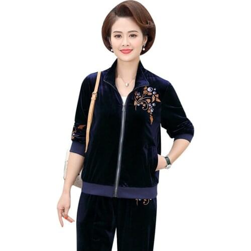 Fashion gold velvet sports two-piece set women embroidery casual Plus size spring suit middle aged female harem pants suits 3196