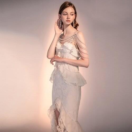 2020 Spring V Neck Pearl Shawl Spaghetti Strap Bodycon Wrap Dress Office Lady Elegant Party Lace Dress High End Women Dress