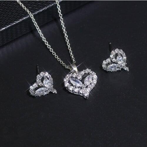 Women Necklace Earrings Silver Plated Cubic Zirconia Heart-Shaped Jewelry Set Couple Wedding Jewelry Set Fashion Jewelry Set