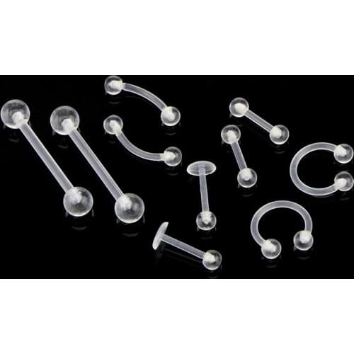 10Pcs/Set Body Jewelry Transparent Acrylic Tongue Ring Barbell Eyebrow Belly Nose Tongue Lips Piercing Ring
