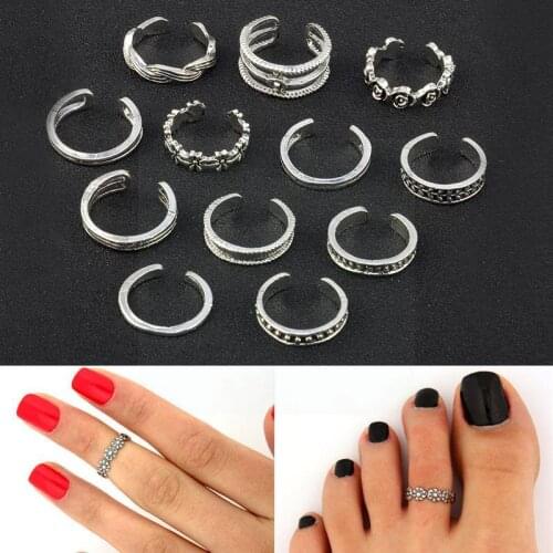 12pcs/set Celebrity Jewelry Retro Silver Adjustable Foot Open Beach Ring Stamped Finger Toe Midi Jewelry Simple Ring Toe Fa R3P2