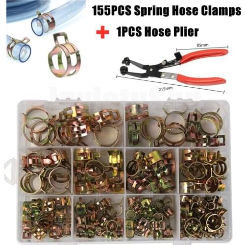 155PCS Zinc Plated 6-22mm Spring Hose Clamps + 1PC Hose Plier for Band Clamp Metal Fastener Assortment Kit