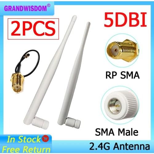 2pcs 2.4Ghz antenna Wifi 5dbi SMA connector white 2.4 ghz antena Omni-Directional Router Antenna +21cm RP-SMA Male Pigtail Cable