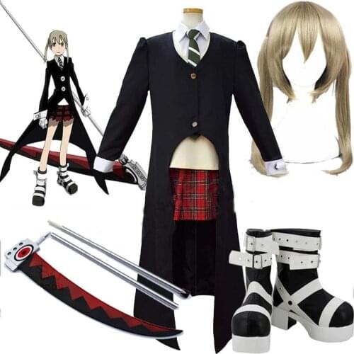 7PCS New Soul Eater Maka Albarn women men Cosplay Costume Halloween Cosplay Full Set top+vest+tie+skirt+coat Send gloves and wig