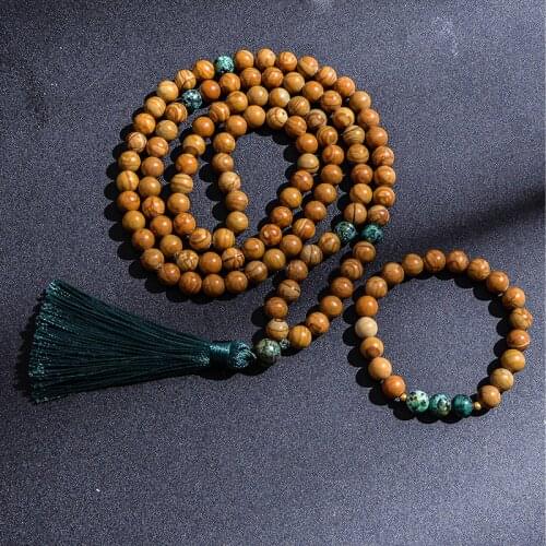 8mm Yellow Wood Grain Stone African Turquoise Beaded Necklace Meditation Yoga Spirit Jewelry 108 Japamala Bracelet Sets