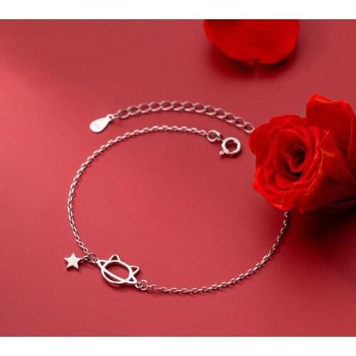 Real 925 Sterling Silver Hollow Cat and Star Chain Bracelets for Women Girls Hypoallergenic Jewelry