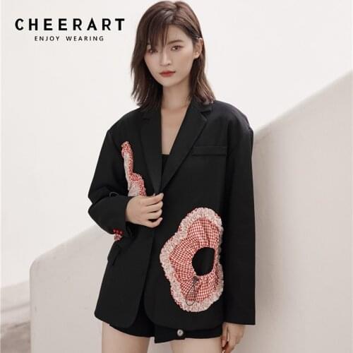 CHEERART 2020 Fashion Blazer Women Designer Jacket Spring Autumn Black Coat Floral Patch Suit Korean Jacket Outwear