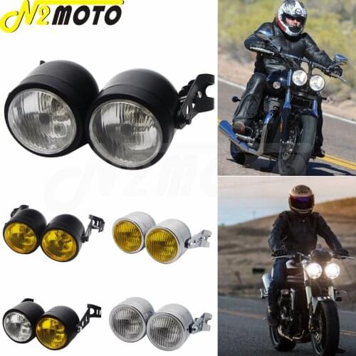Black Motorcycle Cafe Racer Retro Twin Headlight Holder Fork Double Dual Head Lamp For Harley Dyna Bobber Dual Sport Dirt Bikes