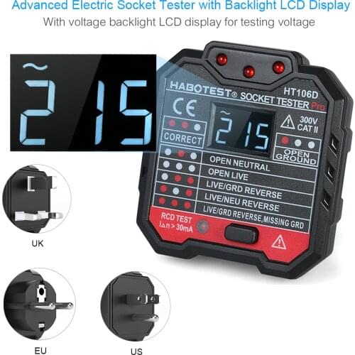 HOBATEST HT106 Digital Socket Tester Pro Multi-function Electroscope Check Detector Voltage Test Polarity Phase Check Backlight