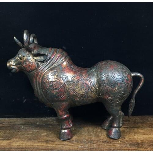 9"Chinese temple collection Old Bronze Cinnabar Lacquer Pattern Rhino statue Lucky Bull Bullish Town House Exorcism
