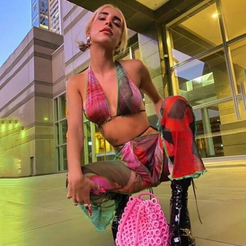 Puloru Women Two Pieces Outfits Summer Sexy Sheer Mesh Vest and Pants Suits Lace-Up Halter Crop Top+Long Flare Pants Streetwear